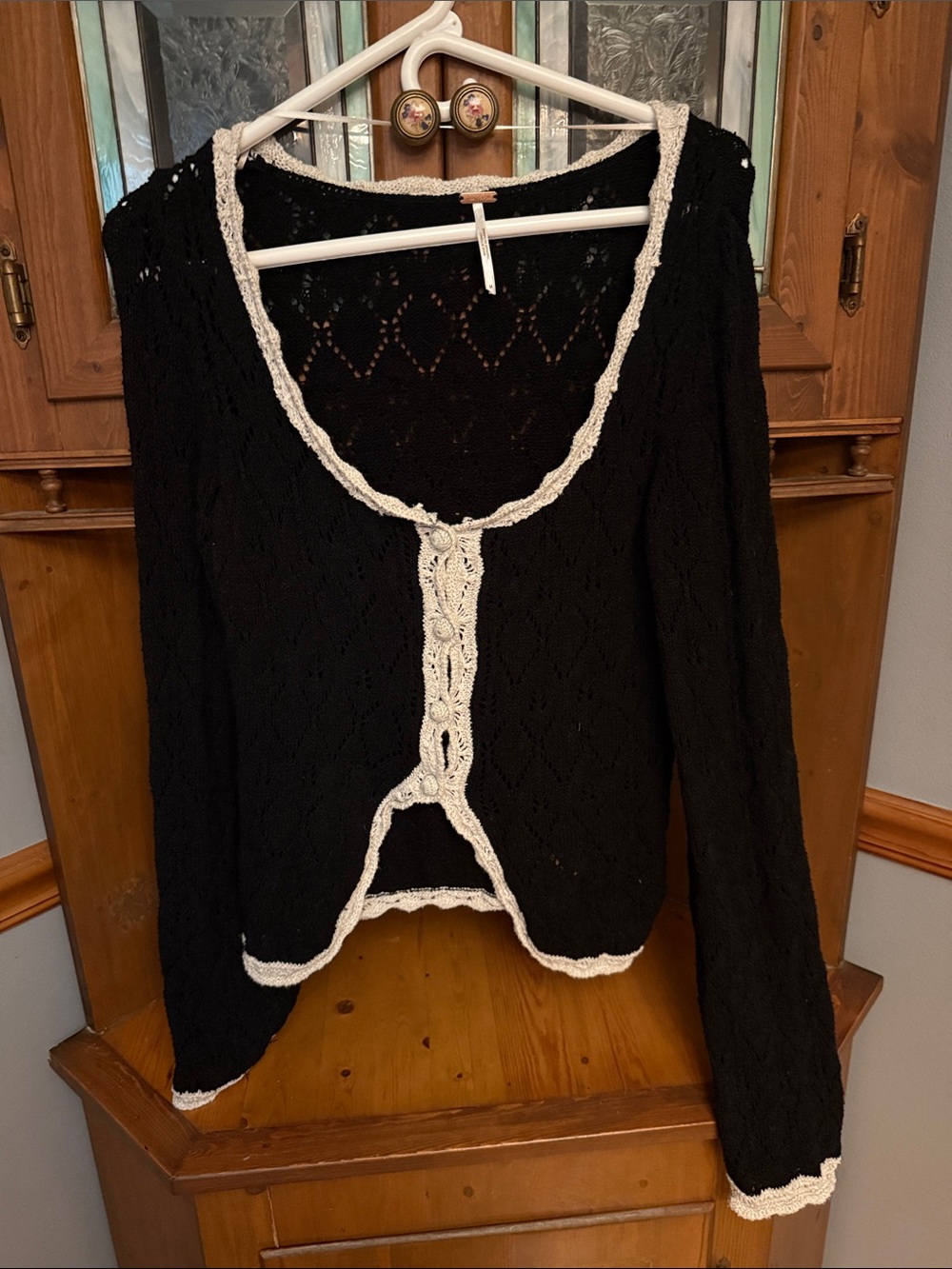 Free People Adelene Crochet Trim Pointelle Cardigan - Black Cream Size M